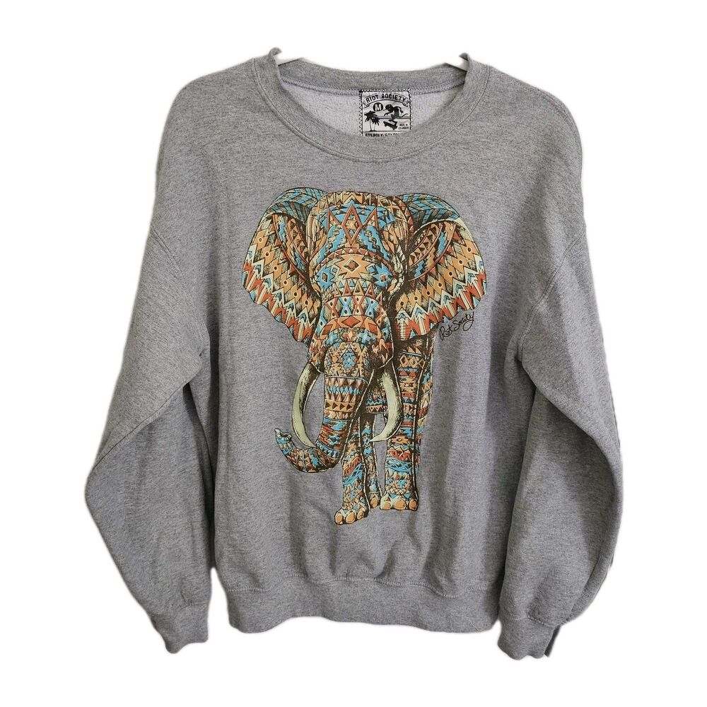 Riot Society Sweater Mens Medium Gray Elephant Crewneck Sweatshirt Tribal
